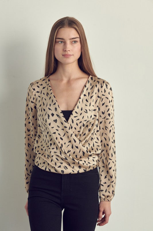 Surplice Long Sleeve Satin Blouse Top