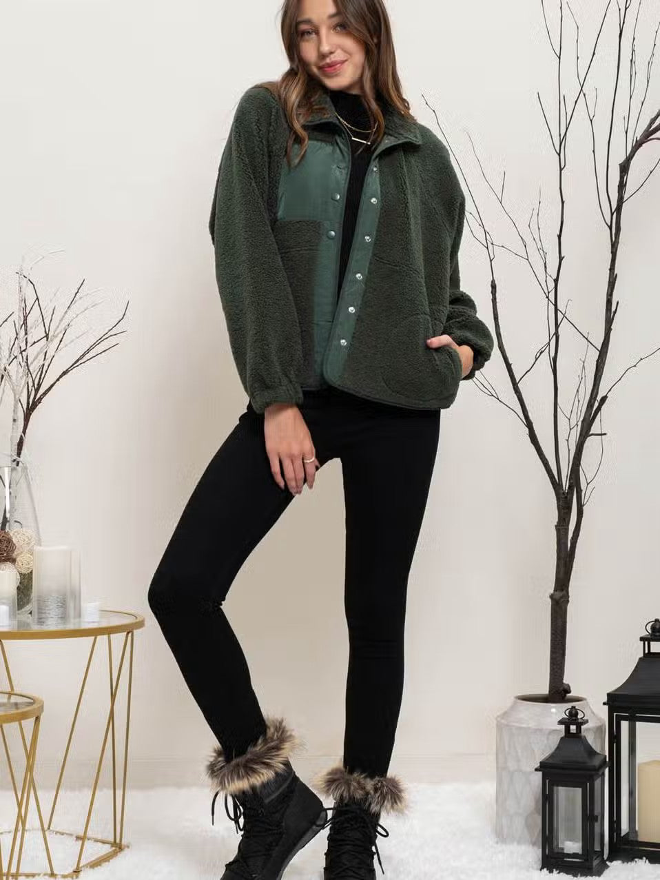 Solid Snap Button Fleece Jacket