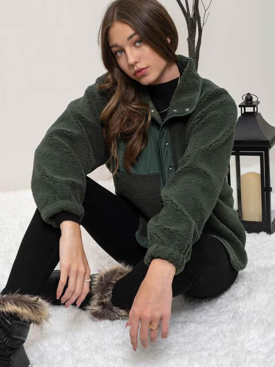 Solid Snap Button Fleece Jacket
