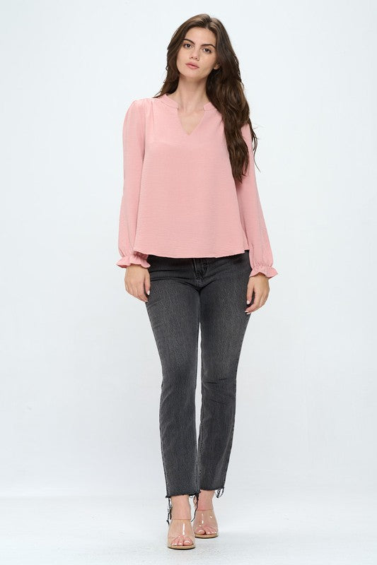 V-Neck Long Sleeve Pop-over Blouse