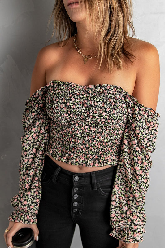 Floral Smocked Off The Shoulder Cropped