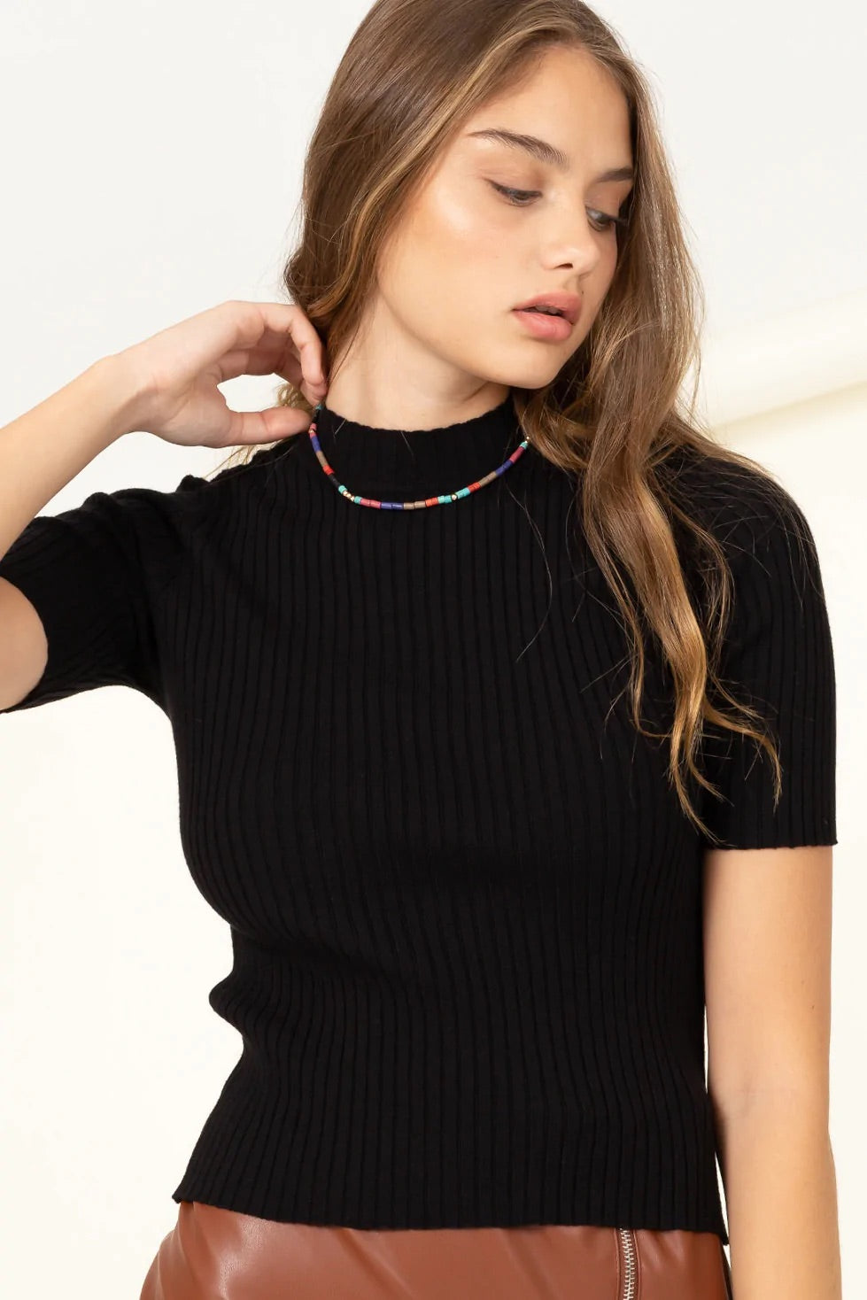 She's Cool Mock-Neck Ribbed Sweater Top