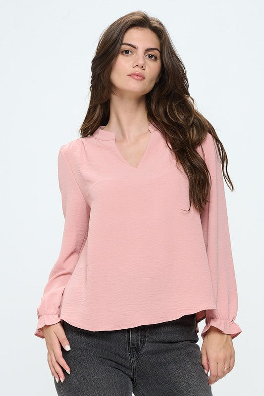 V-Neck Long Sleeve Pop-over Blouse