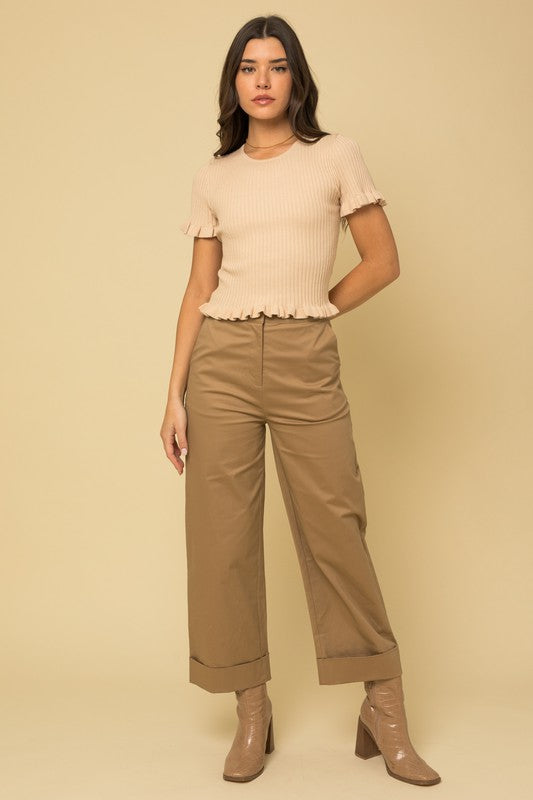 Short Sleeve Ruffle Detail Knit Top