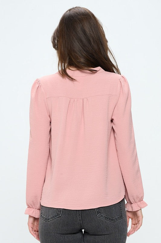 V-Neck Long Sleeve Pop-over Blouse