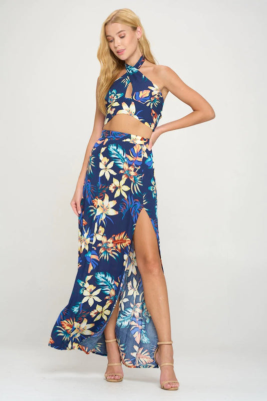 Halter Crop Top & Maxi Skirt Tropical Print