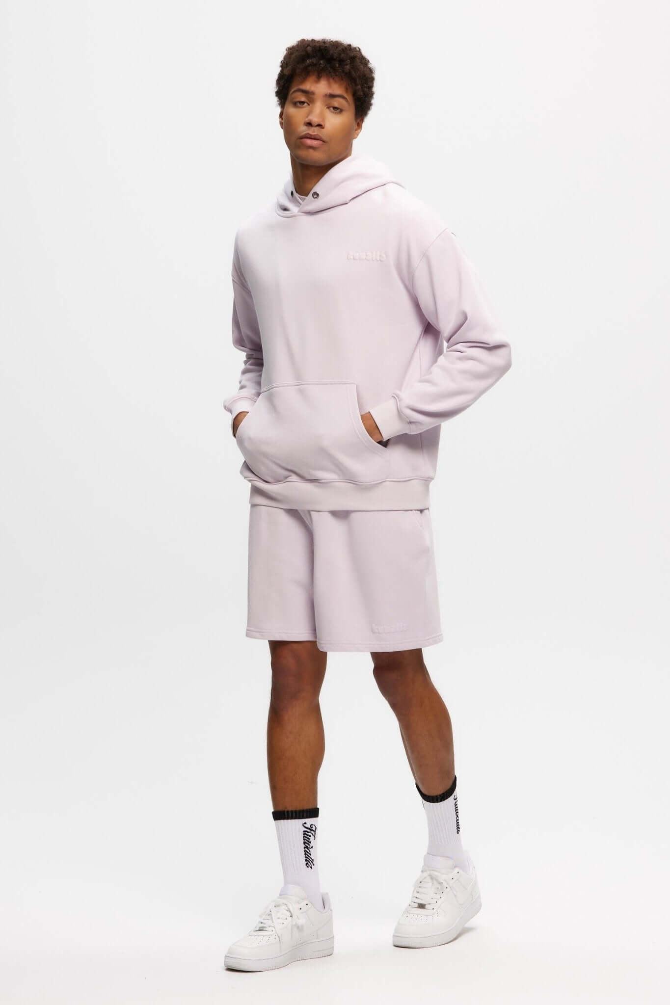 Kuwalla Bubble Hoodie - Essential Street Style in soft lilac worn with matching shorts, ideal for streetwear fashion.