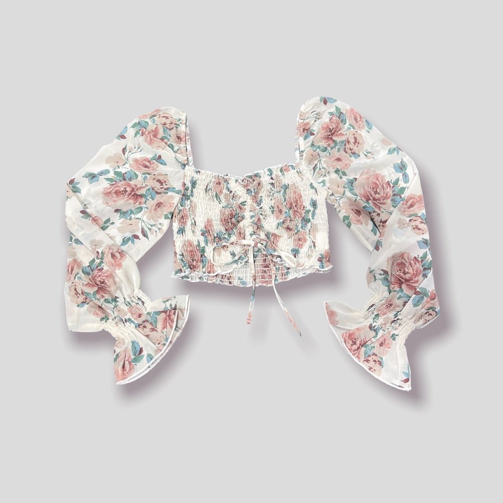 Chiffon Floral Long Sleeve Smocked Drawstring Top - House of Drip Apparel