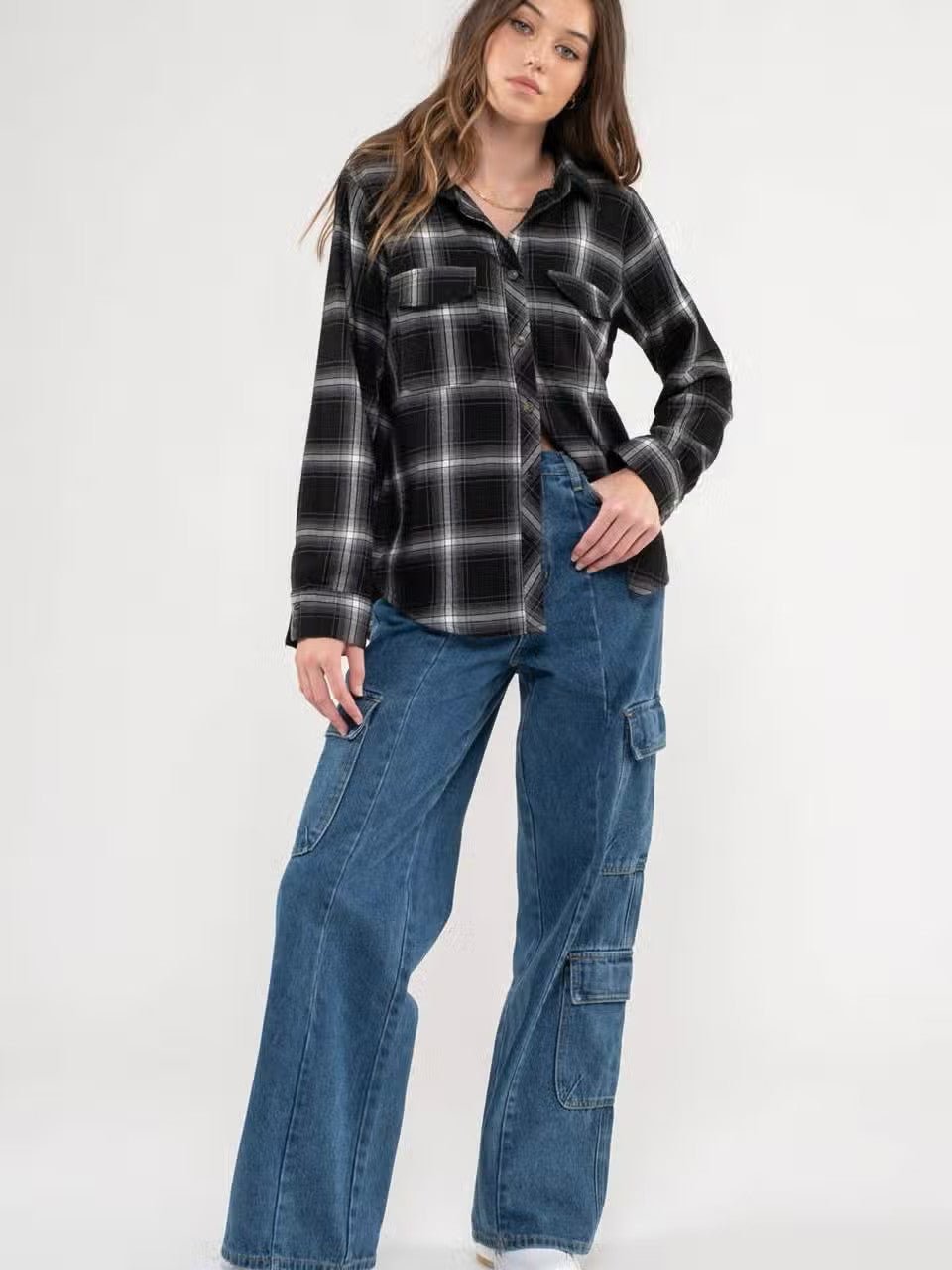 Collared Plaid Long Sleeve Woven Top - House of Drip Apparel