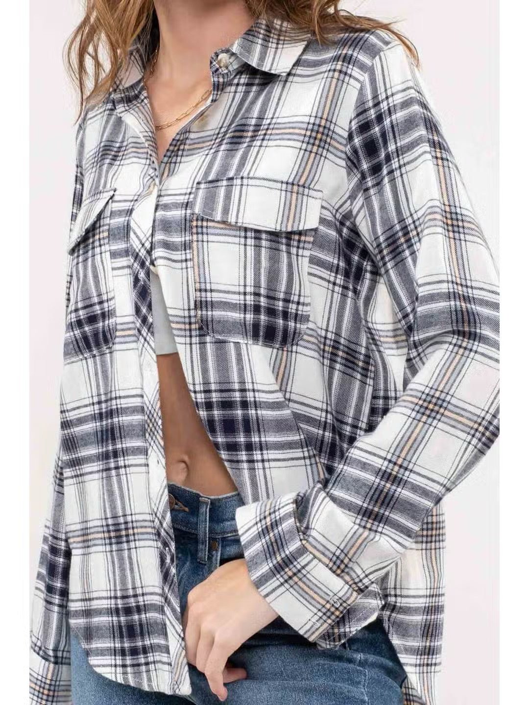 Collared Plaid Long Sleeve Woven Top - House of Drip Apparel
