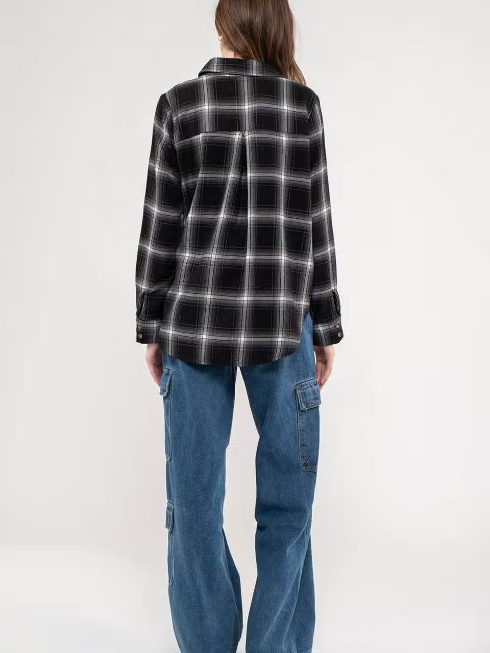 Collared Plaid Long Sleeve Woven Top - House of Drip Apparel
