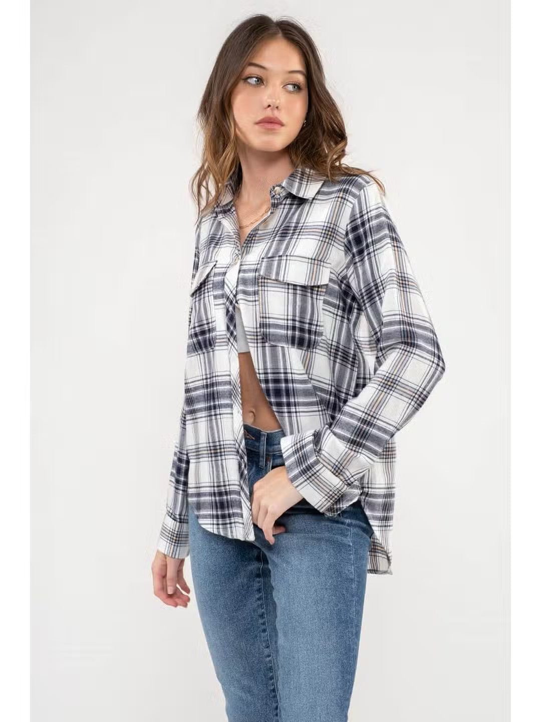 Collared Plaid Long Sleeve Woven Top - House of Drip Apparel