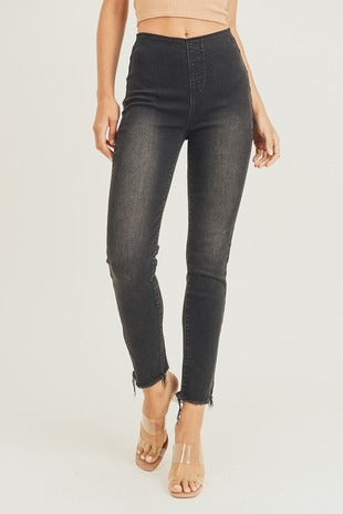 High-Waisted Elastic Frayed Skinny Jeans