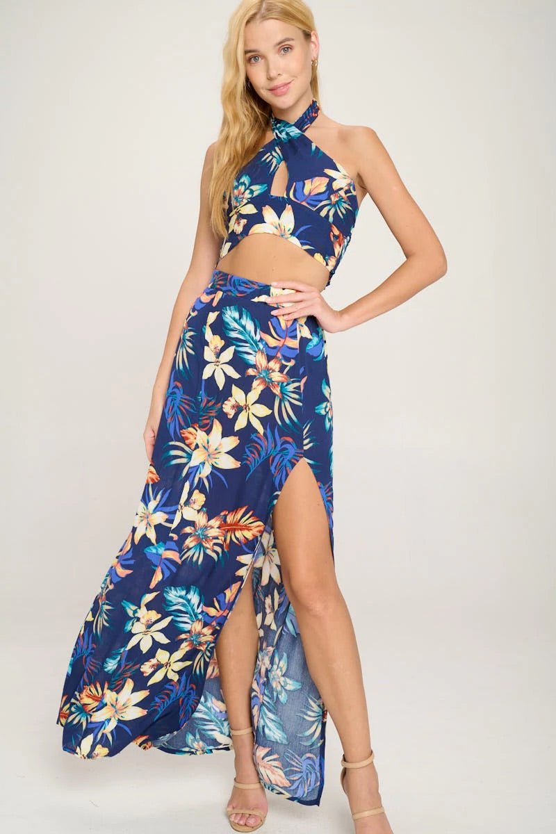Halter Crop Top & Maxi Skirt Tropical Print - House of Drip Apparel