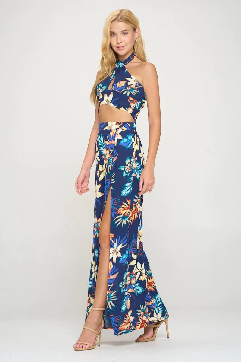 Halter Crop Top & Maxi Skirt Tropical Print - House of Drip Apparel
