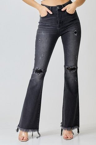 High Rise Distressed Flare Jeans - House of Drip Apparel