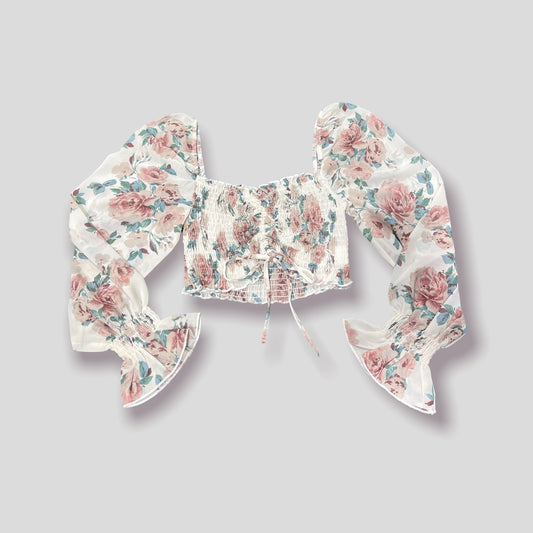Chiffon Floral Long Sleeve Smocked Drawstring Top