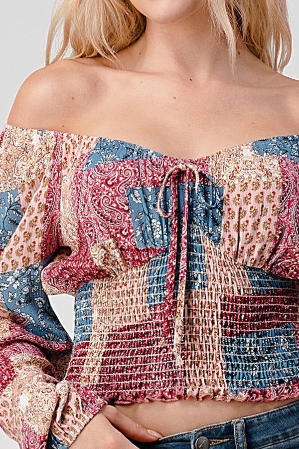 Long Sleeve Smocked Blouse Top Patchwork - House of Drip Apparel