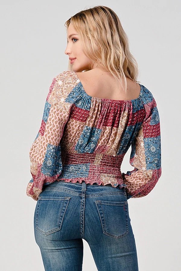 Long Sleeve Smocked Blouse Top Patchwork - House of Drip Apparel