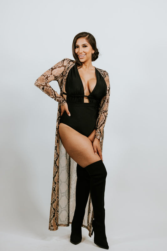 Longline Duster In Snake Print Mesh