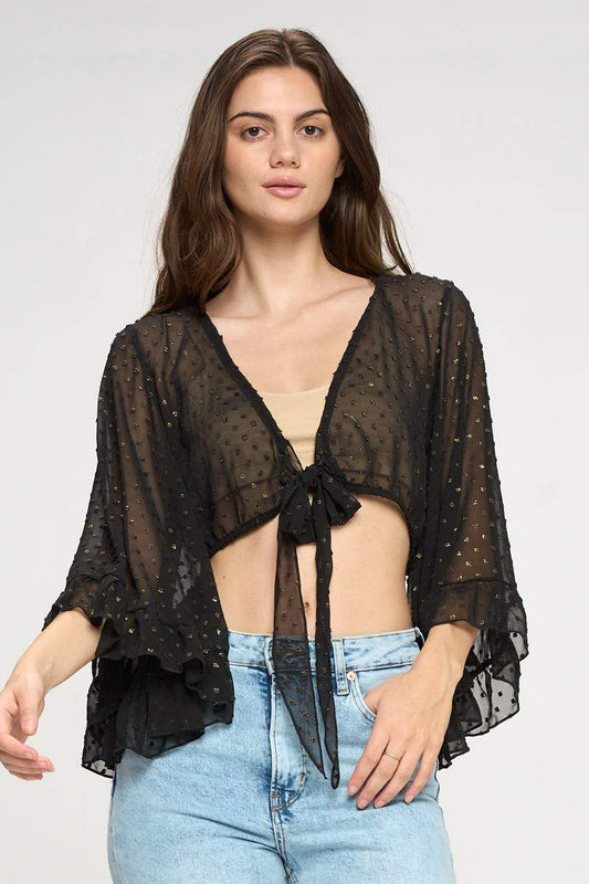 Tie Front Crop Cardigan Swiss Dot Chiffon