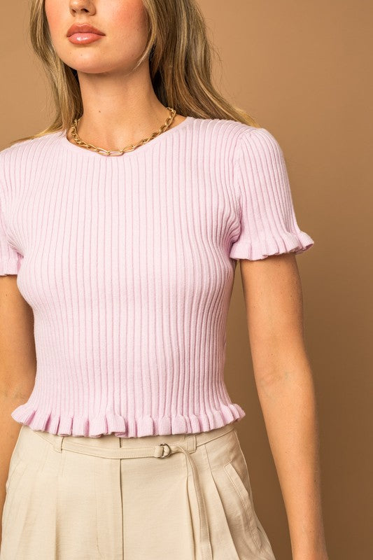 Short Sleeve Ruffle Detail Knit Top