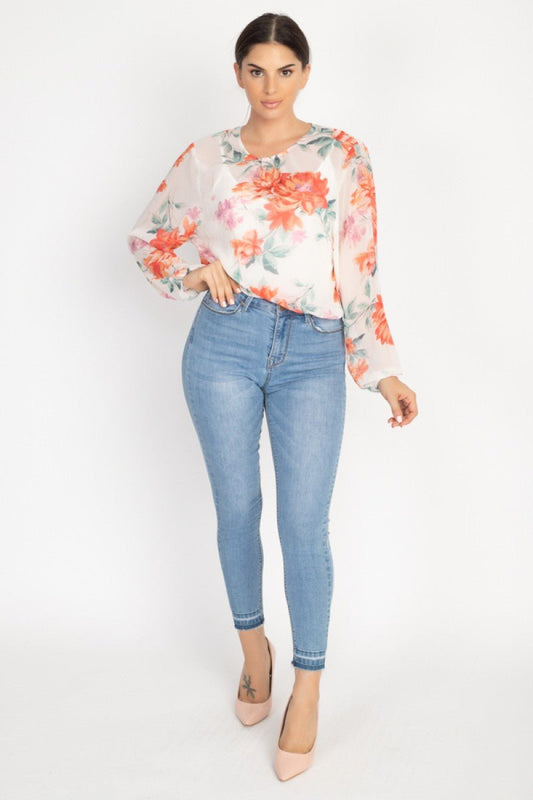 Sheer Floral Print Cutout Bodysuit - House of Drip Apparel