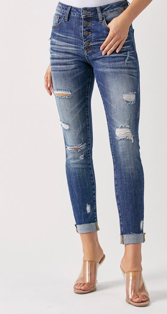 Mid Rise Button Fly Skinny Jean