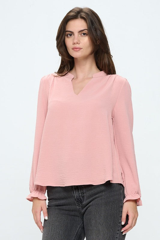 V-Neck  Long Sleeve Pop-over Blouse