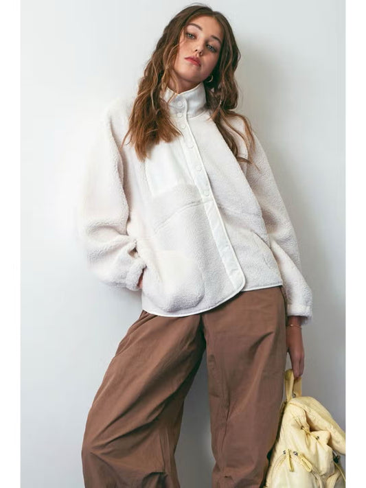Solid Snap Button Fleece Jacket